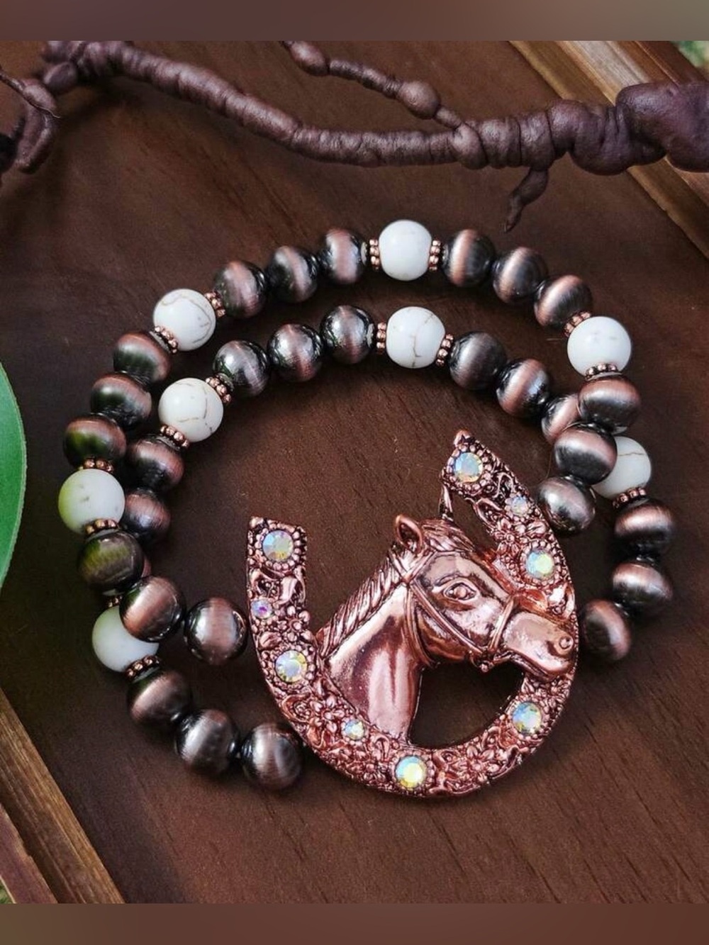 Western Bracelet Copper Rose Gold Horsehead Horseshoe Beaded Stretch Bracelet